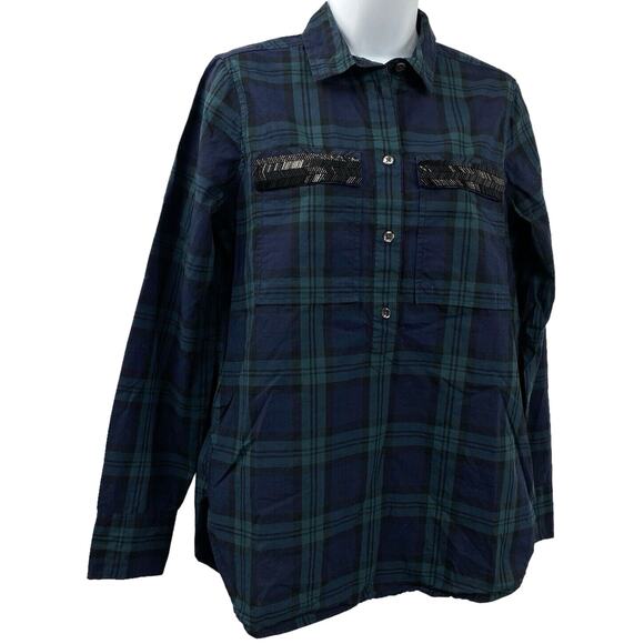 J Crew Preppy Beaded Popover Top Size 4 Green Blue Tartan Plaid Long Sleeve - Picture 1 of 8